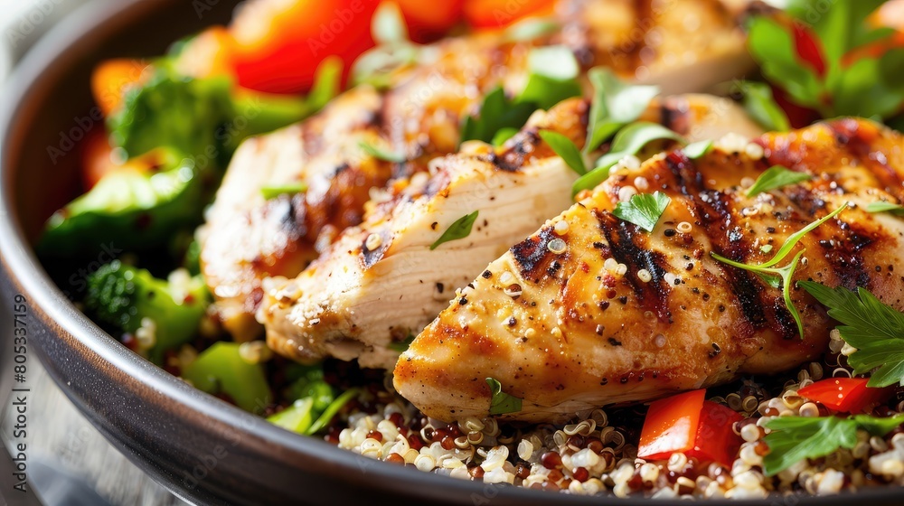 close-up of grilled chicken breast served with quinoa and steamed vegetables