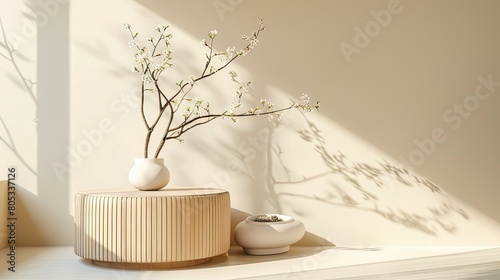 Modern and minimal cream wooden round side table and cherry blossom tree twig in vase in sunlight on beige wall background for luxury and organic product display © trimiati