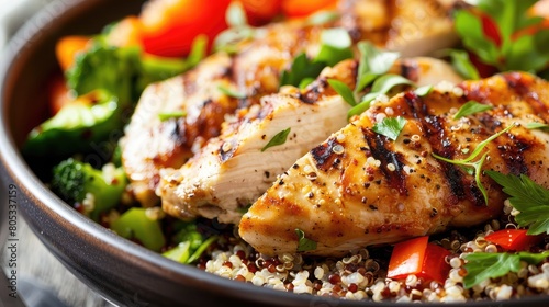 close-up of grilled chicken breast served with quinoa and steamed vegetables