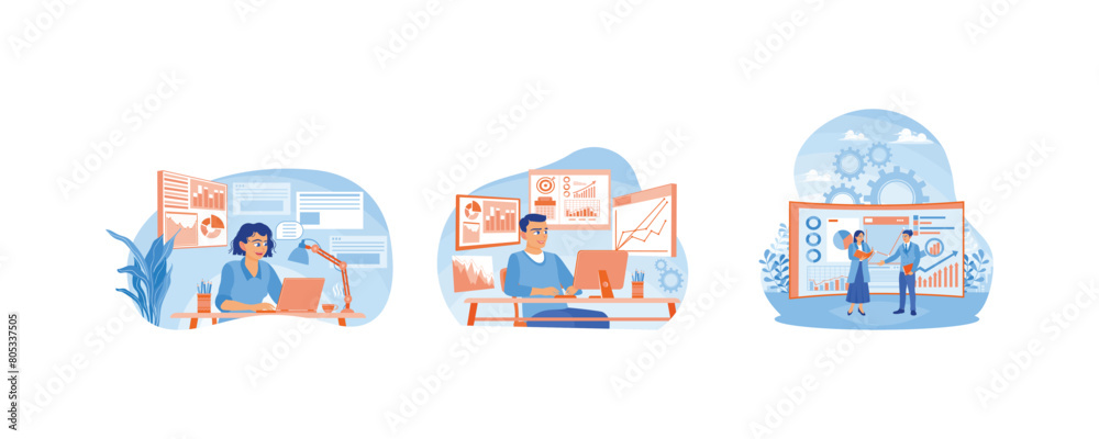 Young man making business report. Working at the computer. Study and analyze company infographic data. Data analyst concept. Set flat vector illustration.