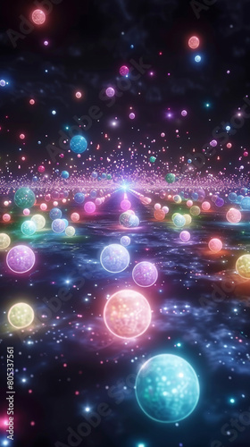 Neon orbs floating in space, each emitting a soft, radiant light. The orbs vary in size and color, 