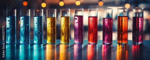 A row of colorful glasses filled with different colored liquids. The glasses are arranged in a line, with the first glass on the left and the last glass on the right. The colors of the liquids vary