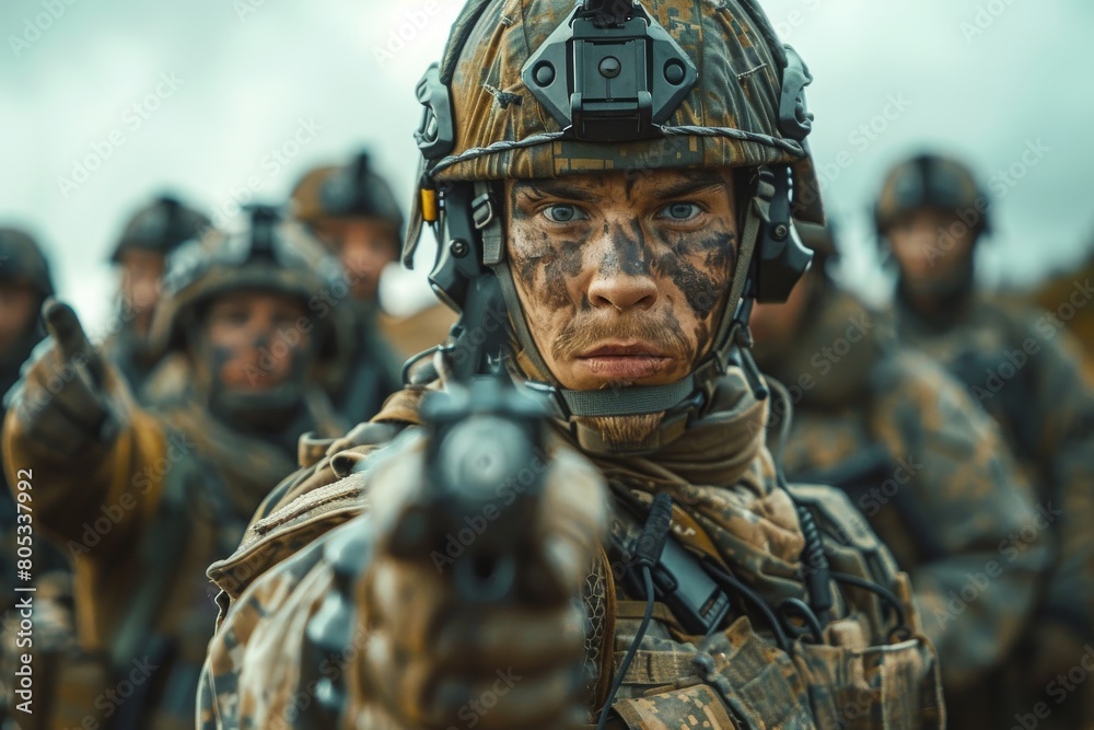 A detailed image showcasing the personal gear, uniform, and the strong posture of a modern combat soldier standing amidst his squad A detailed image showcasing the personal gear, uniform, and the strong posture of a modern combat soldier standing amidst his squad