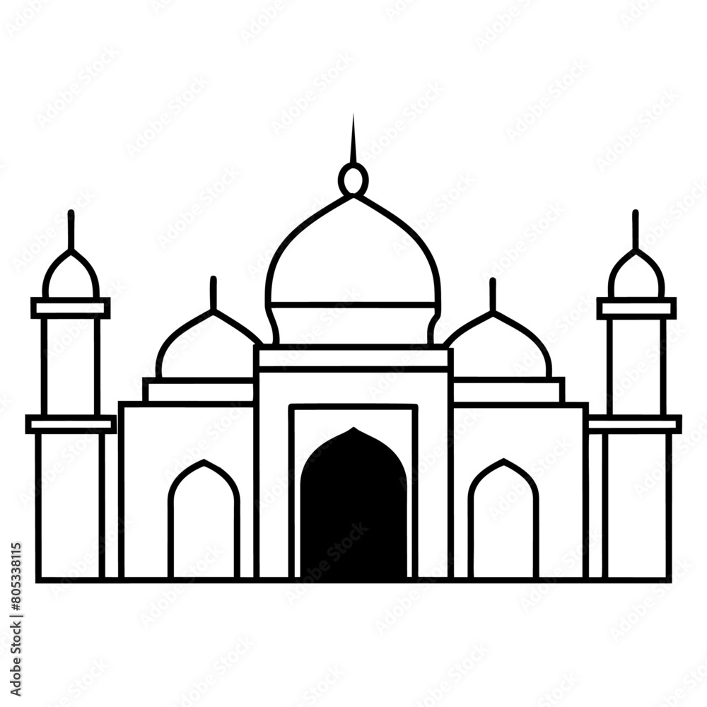 minimal masjid vector art  illustration, black color silhouette, silhouette, white background (29)