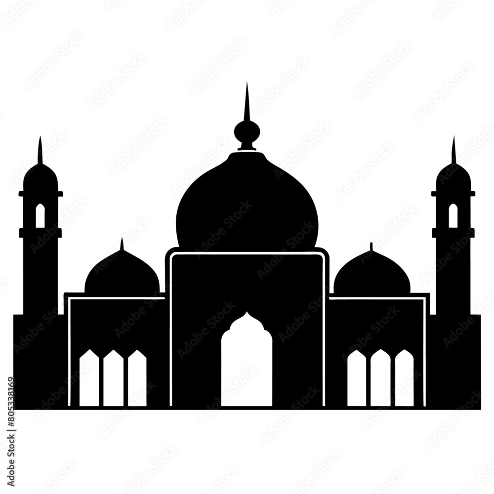 minimal masjid vector art  illustration, black color silhouette, silhouette, white background (32)