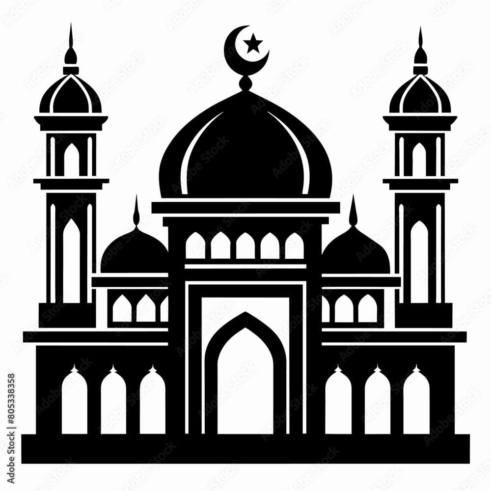 minimal masjid vector art  illustration, black color silhouette, silhouette, white background (70)