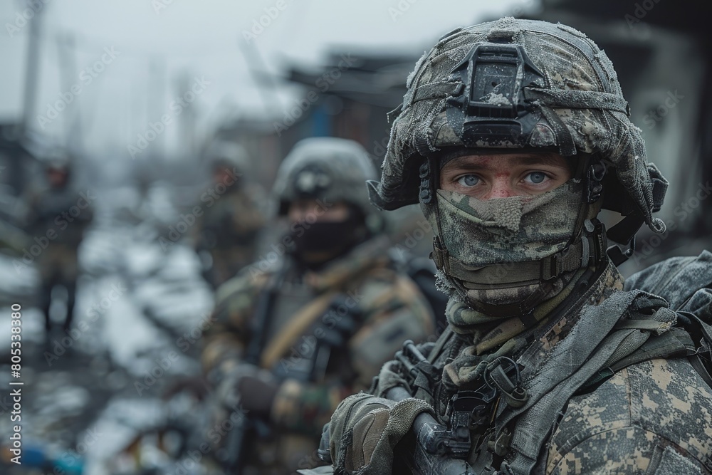 A squad of soldiers patrolling a blurred out environment, focus on the geared-up personnel and their readiness A squad of soldiers patrolling a blurred out environment, focus on the geared-up personnel and their readiness