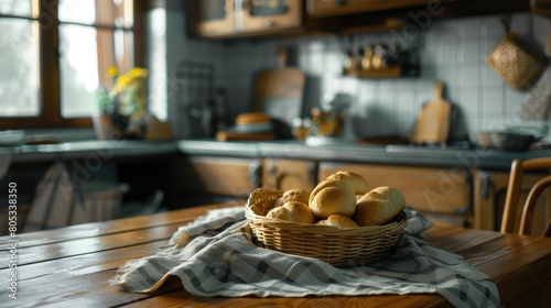 cozy kitchen scene with a basket of homemade rolls on the table