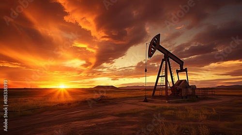 A sunset over a field with a large oil pump. The sky is orange and the sun is setting