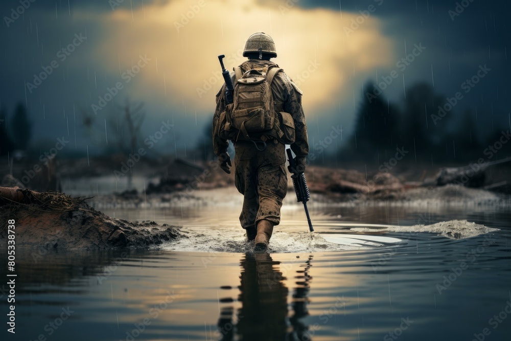 Tranquil Soldier water river. Force tactical. Generate Ai Tranquil Soldier water river. Force tactical. Generate Ai