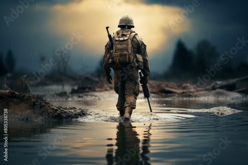 Tranquil Soldier water river. Force tactical. Generate Ai photo