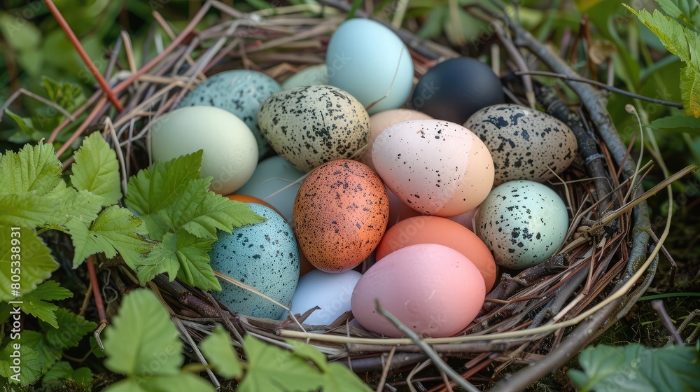 Eggs of various colors and sizes gathered in a quaint country nest