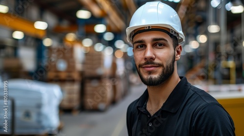 A young African professional man wears a black polo shirt and a white safety helmet. He seems to be happily working. Maybe in a packaging factory Wearing a helmet indicates safety.