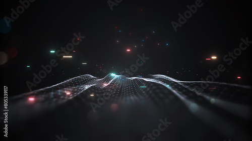 Digital technology concept data wave flow polygons connecting dots lines on a dark black background. Internet of things photo