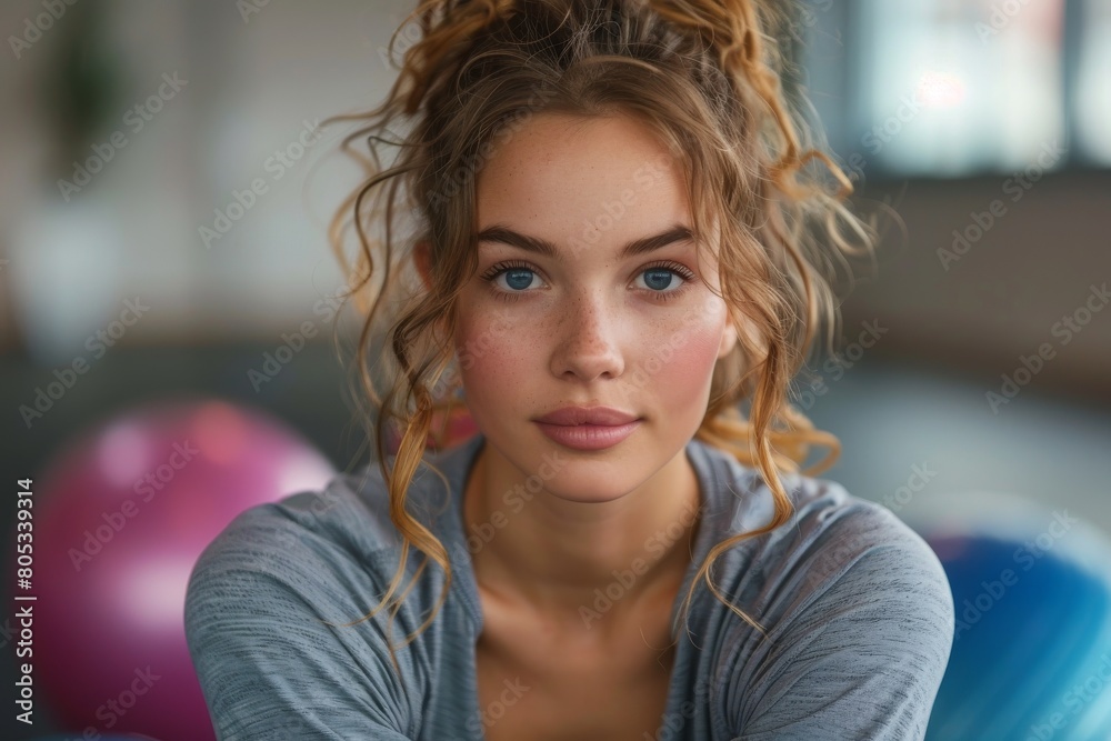 A young woman in workout attire sits contemplatively in a gym, showcasing fitness and wellbeing A young woman in workout attire sits contemplatively in a gym, showcasing fitness and wellbeing