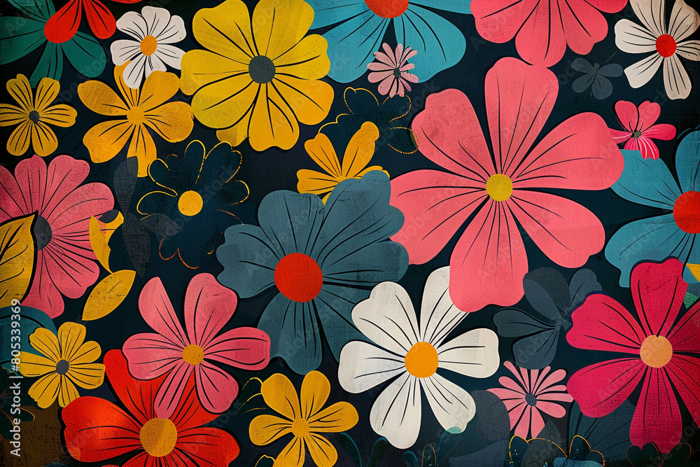 A whimsical background with an oversized floral pattern in bright and bold colors against a dark, dramatic backdrop. A whimsical background with an oversized floral pattern in bright and bold colors against a dark, dramatic backdrop.