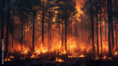 Flames engulfing trees as a forest fire rages out of control