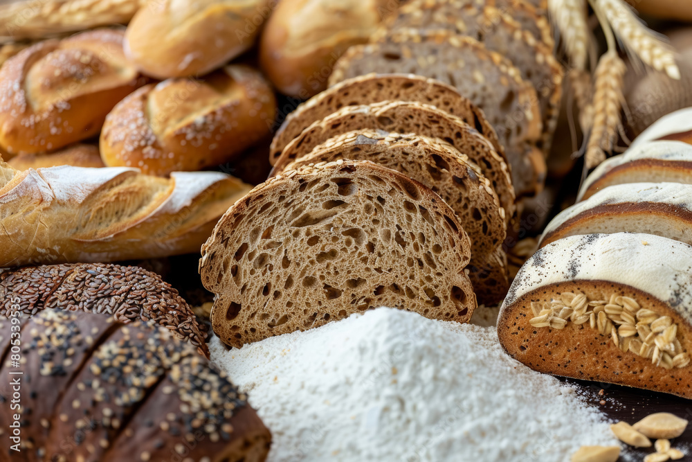 Various Breads and Grains on Textured Gray Background. Flat lay composition with copy space. Bread variety and healthy eating concept for design and poster