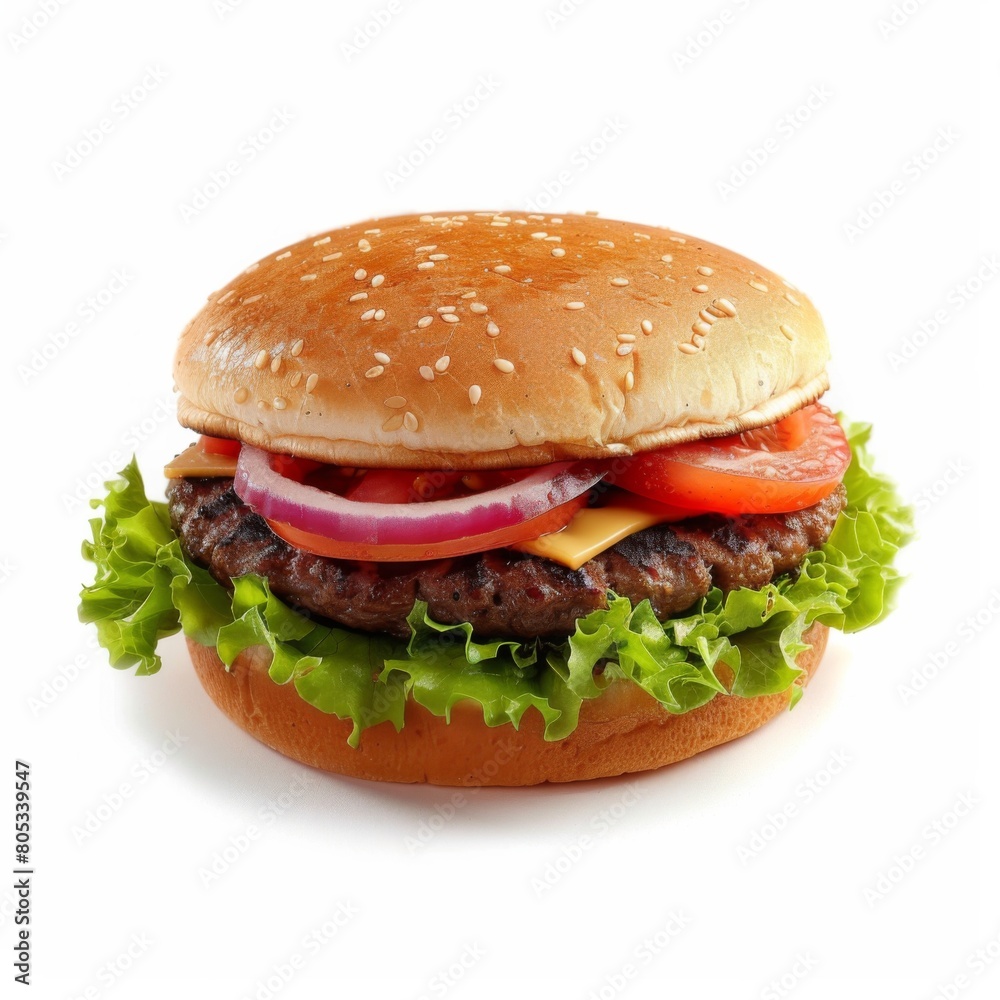 A hamburger crowned with fresh lettuce, ripe tomato, crisp onion, and melted cheese