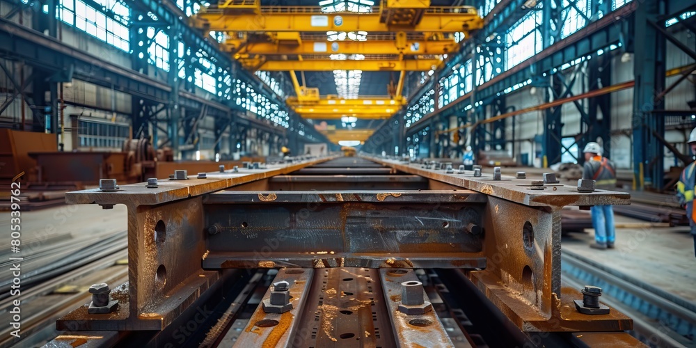 Large metal structure being constructed in a factory using yellow overhead crane.