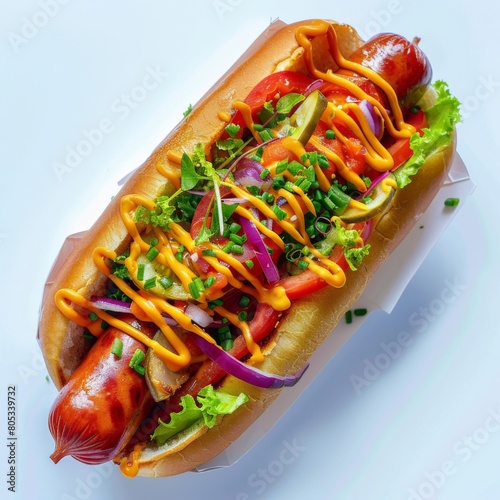 A hot dog dressed with mustard, ketchup, onions, and lettuce