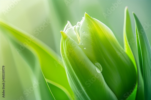 a tulip of a delicate green color on a blurred background . A bud of an unfolded tulip in the sunlight #805339779