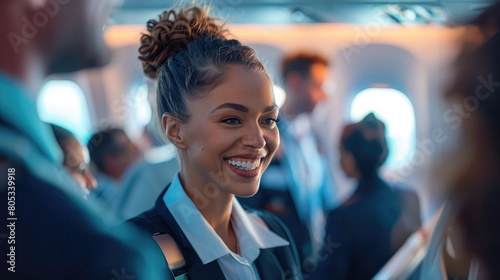 flight attendant welcoming passengers with a bright smile as they board the plane photo