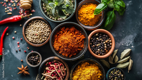 Colorful spices and herbs background. large set of seasonings in cups. Herbs that are beneficial to the body, herbs in the Asian continent. Generative AI