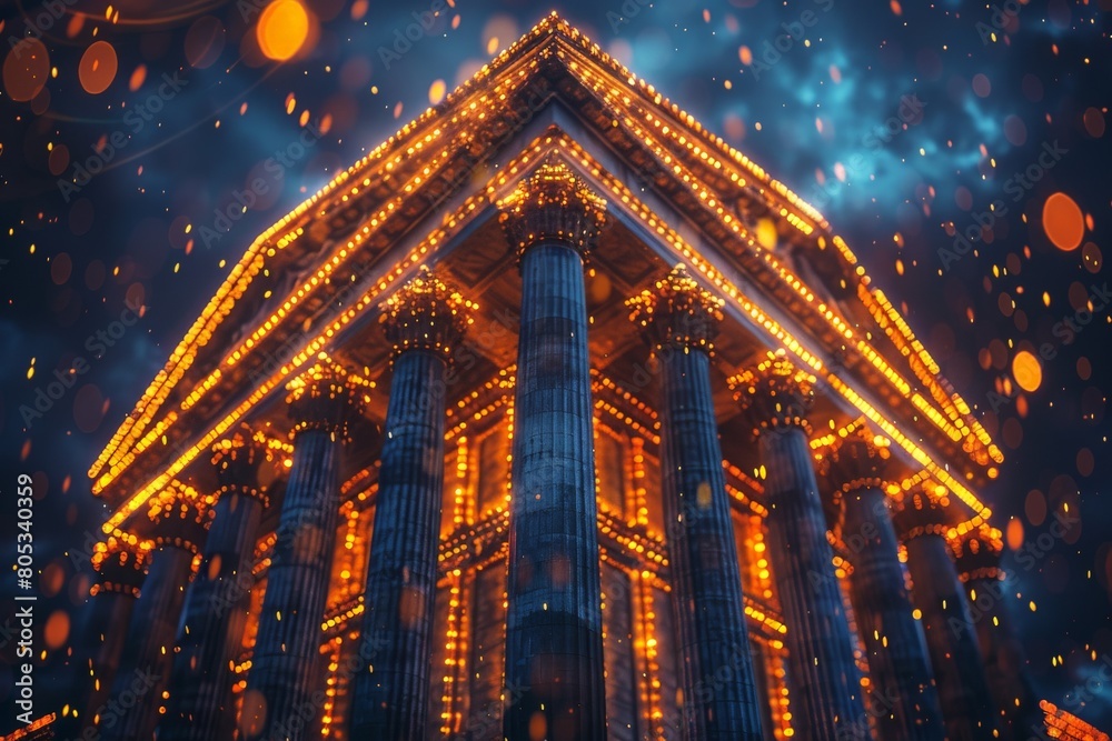 Fototapeta premium Decorative lights adorn a classical building, creating a festive and enchanting night-time scene