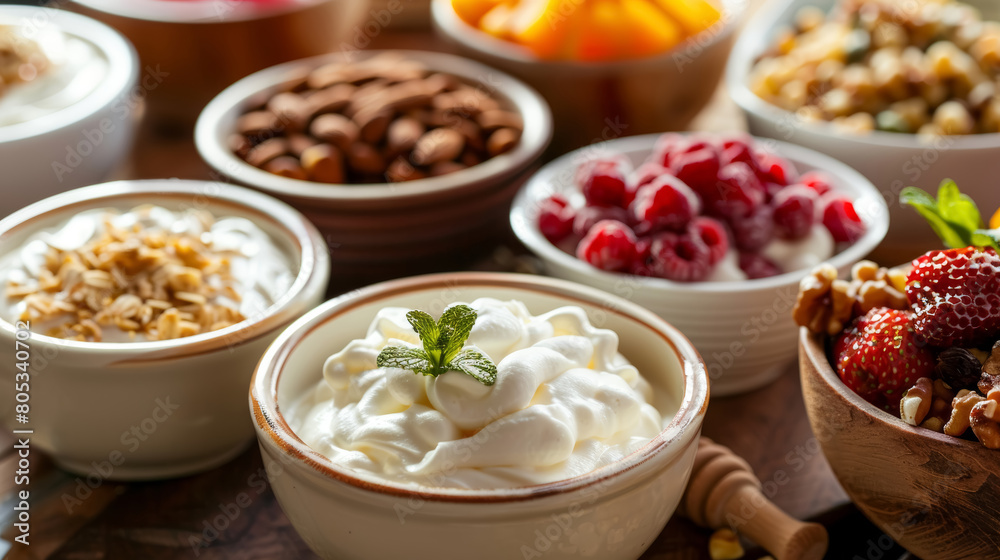Assortment of breakfast bowls with yogurt, nuts, and fresh fruits on a wooden table. Close-up studio photography for design and print. Healthy eating and breakfast concept Assortment of breakfast bowls with yogurt, nuts, and fresh fruits on a wooden table. Close-up studio photography for design and print. Healthy eating and breakfast concept