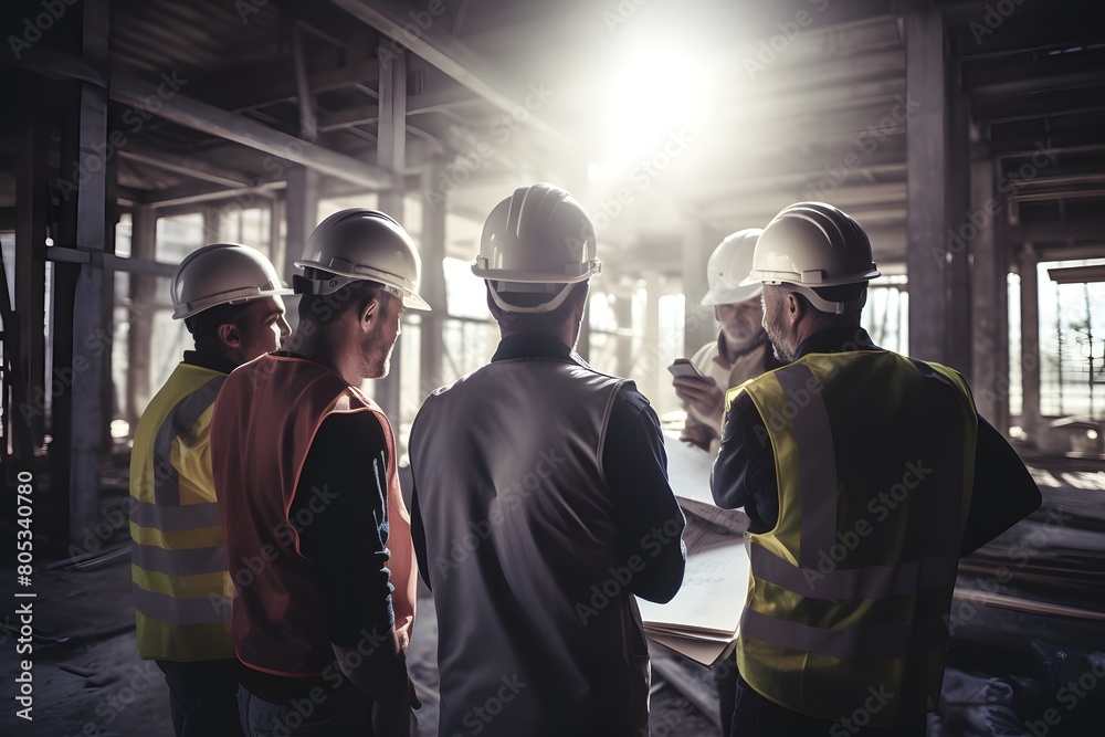 Team of civil engineers meeting to work together wearing hardhat worker helmets on a construction site. Team of civil engineers meeting to work together wearing hardhat worker helmets on a construction site.