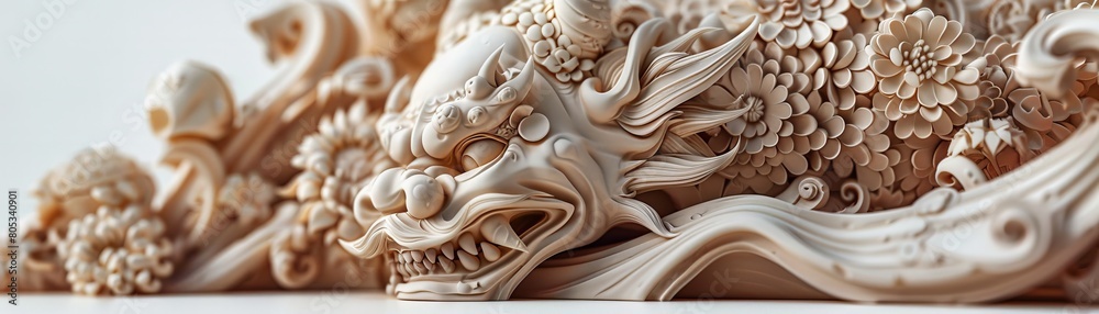 A wooden dragon with a flowery crest is displayed on a white background A wooden dragon with a flowery crest is displayed on a white background