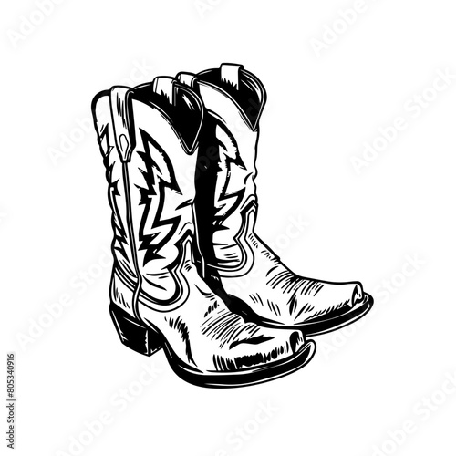 Vector illustration of detailed cowboy boots in monochrome style