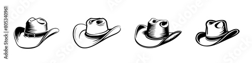 Four distinct cowboy hats in monochrome vector style.