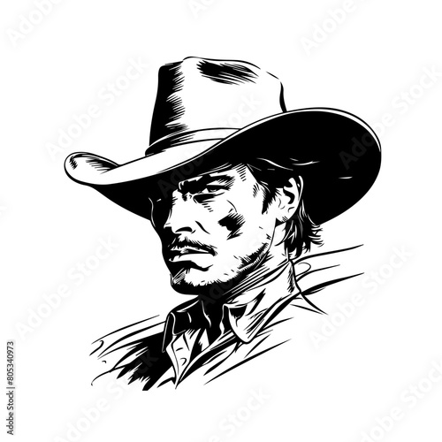 Stylized vector illustration of rugged cowboy with intense gaze.