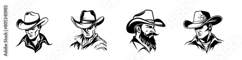 Set of four stylized cowboy portraits in monochrome, showcasing Western ruggedness.