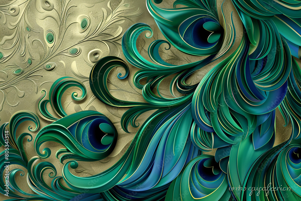 Deep emerald green and royal blue swirls set against a matte gold background, creating a regal and sophisticated abstract design reminiscent of peacock feathers.