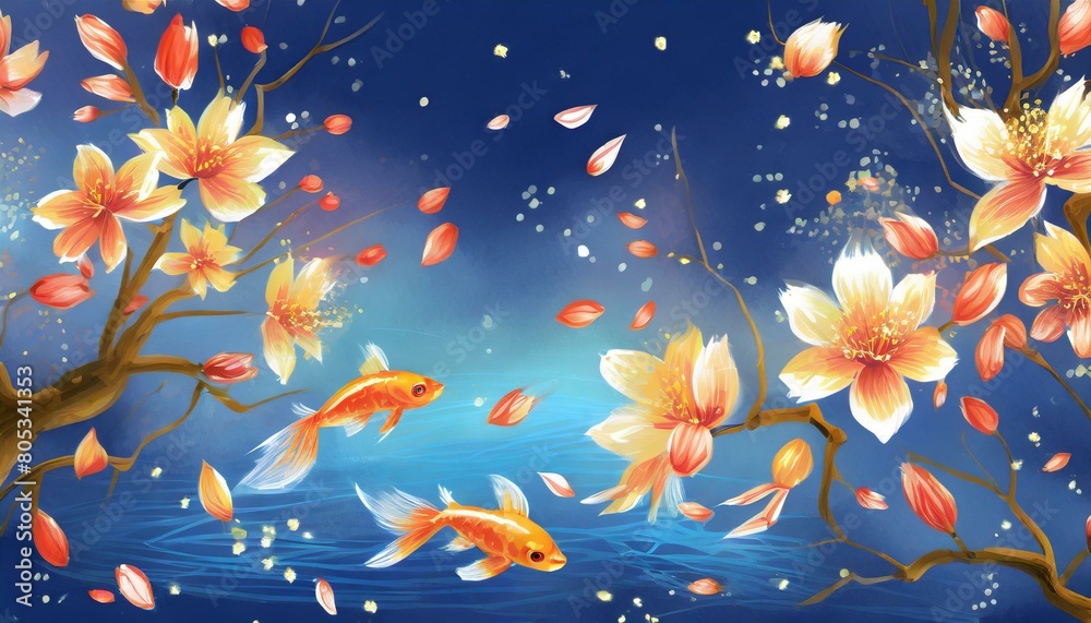 A fantastic background, refreshing, clear, blue sky, dancing petals, small goldfish, beautiful cherry blossoms at night. An illustration generated by AI.