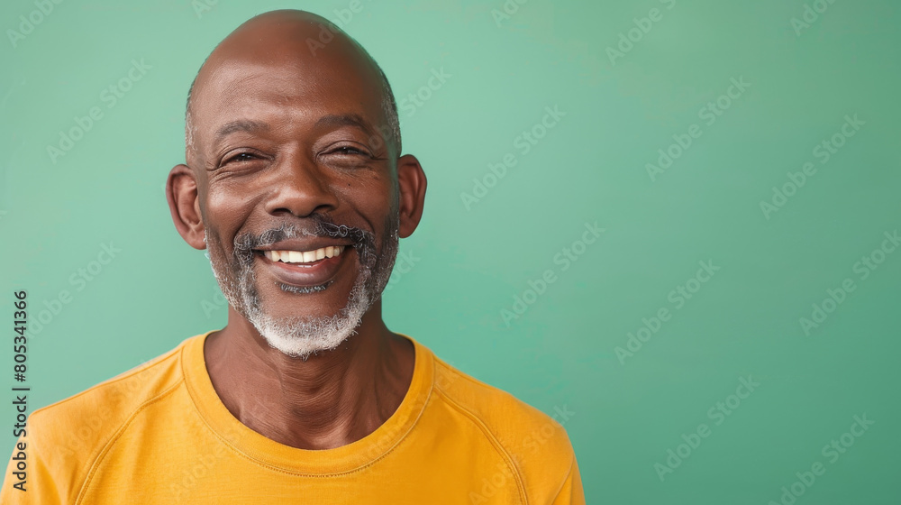 Obraz premium A man with a big smile on his face is wearing a yellow shirt
