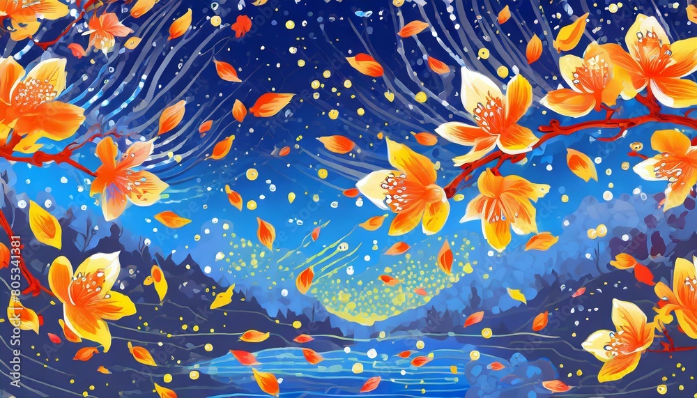 A fantastic background, refreshing, clear, blue sky, dancing petals, small goldfish, beautiful cherry blossoms at night. An illustration generated by AI. A fantastic background, refreshing, clear, blue sky, dancing petals, small goldfish, beautiful cherry blossoms at night. An illustration generated by AI.