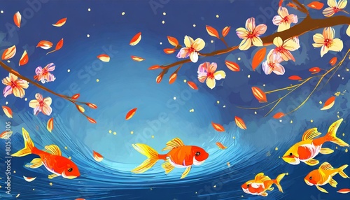 A fantastic background, refreshing, clear, blue sky, dancing petals, small goldfish, beautiful cherry blossoms at night. An illustration generated by AI. © Hiyoko maru