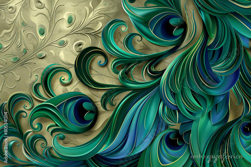 Deep emerald green and royal blue swirls set against a matte gold background, creating a regal and sophisticated abstract design reminiscent of peacock feathers.