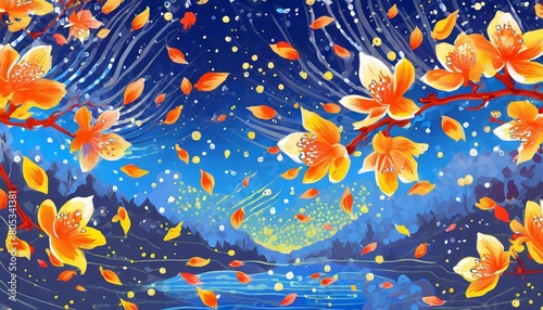 A fantastic background, refreshing, clear, blue sky, dancing petals, small goldfish, beautiful cherry blossoms at night. An illustration generated by AI.