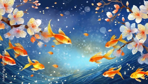 A fantastic background  refreshing  clear  blue sky  dancing petals  small goldfish  beautiful cherry blossoms at night. An illustration generated by AI.