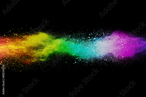 Abstract powder splatted background. Colorful powder explosion on black background. Colored cloud. Colorful dust explode. Paint Holi