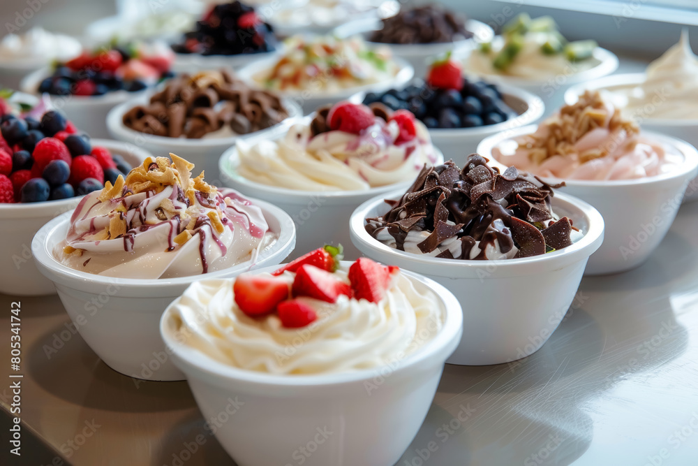 Assorted Frozen Yogurt Cups with various toppings on Table. Studio Food Photography. Dessert and healthy eating concept. Design for menu, poster Assorted Frozen Yogurt Cups with various toppings on Table. Studio Food Photography. Dessert and healthy eating concept. Design for menu, poster