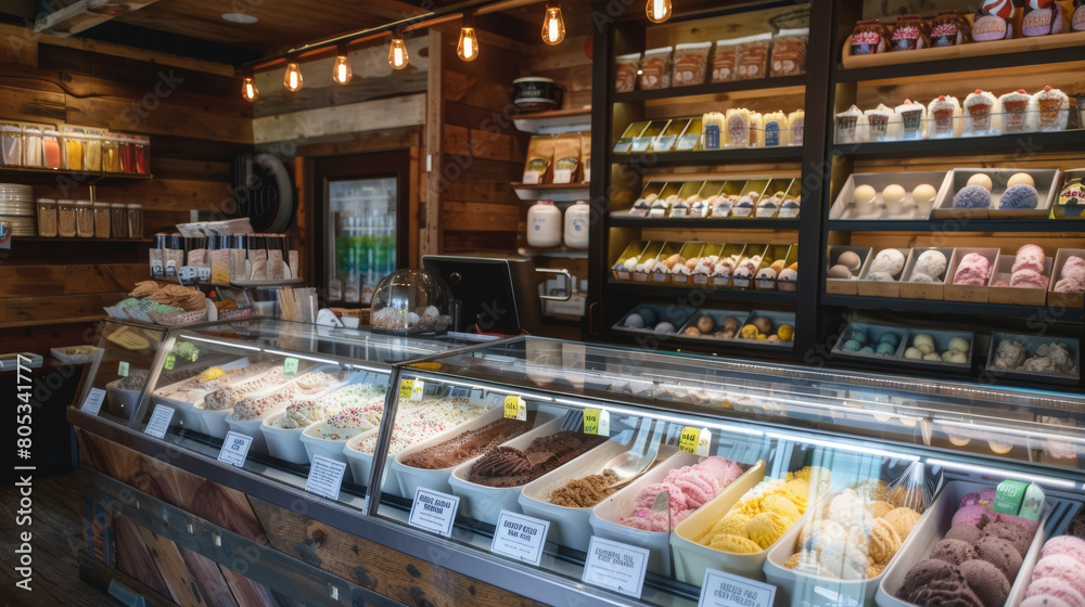 Interior view of a modern ice cream shop with multiple flavors displayed. Retail food photography for design and print. Interior design element with a focus on retail design