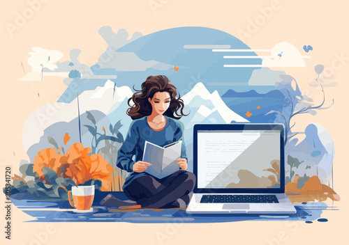 Minimalist Content Writer, Blogger, Copywriter Illustration - Creative Woman Writing on Website with Pencil, Freelance Journalist Concept