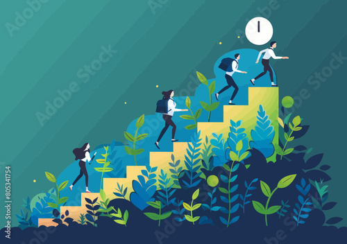 Female employee climbing career ladder as stairway, rising graph reaching management goal - vector illustration of challenge, growth, development