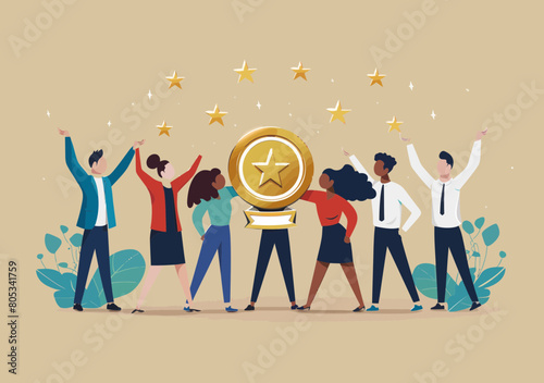 Celebrating High-performing Diverse Team's Badge Achievement - Teamwork, Success, Quality Service Business Concept Illustration
